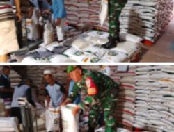 Babinsa Kel. Larangan Monitoring Rebagging Beras Medium di Gudang Bulog untuk Program Bantuan Pangan 2025